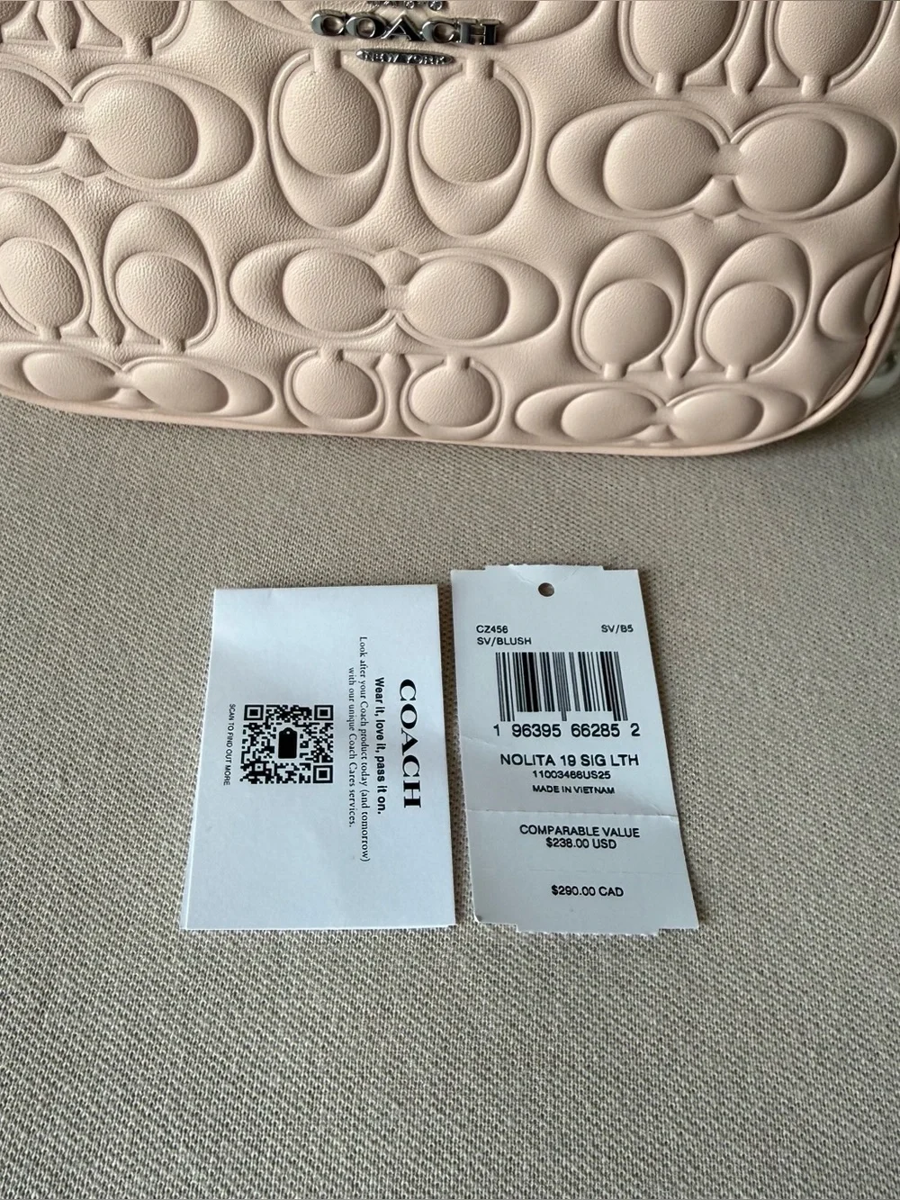 NWT Coach Nolita 19 In Signature Leather Small Bag Silver/Blush pink CZ456